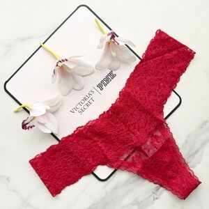 NWT VICTORIA'S SECRET THE LACIE POSEY LACE LACE-UP THONG PANTY IN LIPSTICK S/M/L